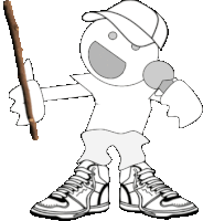 a black and white drawing of a man holding a stick and a microphone