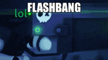 a person holding a flashbang with a skull on it in the background