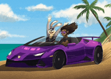 two cartoon characters are driving a purple car