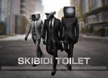 three men in suits are walking down a street with televisions on their heads .