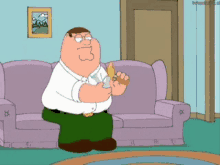 peter griffin from family guy is sitting on a couch eating a sandwich and smoking a cigarette .