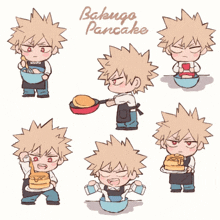 a cartoon drawing of bakugo cooking pancakes with different expressions