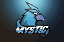 a logo for mystic with a blue bird on a dark blue background