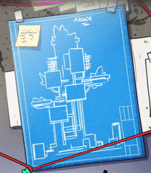 a blueprint of an arcade is taped to a piece of paper