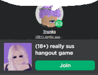 a picture of a girl with purple hair and the words trunks ( 18+ ) really sus hangout game on the bottom