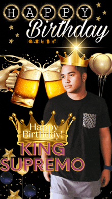 a birthday card for king supremo with a crown on his head