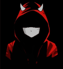 a person wearing a red devil hoodie with horns on their head