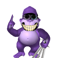 a purple monkey with a big smile and a knife in its hand