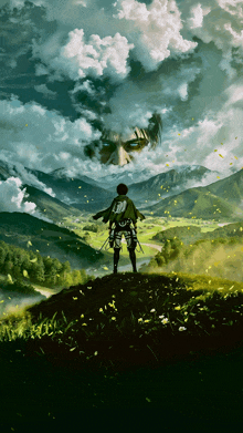 a painting of a man standing on top of a hill with a huge face in the background