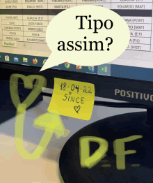 a yellow sticky note on a monitor says tipo assim since