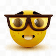 a yellow smiley face wearing glasses and a smile on a white background .