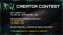 a poster for the rigz creator contest with a colorful background