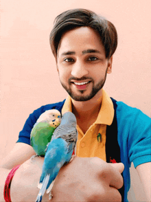 a man in a blue and yellow polo shirt is holding a blue and green parakeet