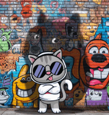 a cat wearing sunglasses and headphones stands in front of a brick wall with graffiti on it