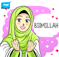 a cartoon of a woman wearing a green hijab with the word bismillah on the bottom right