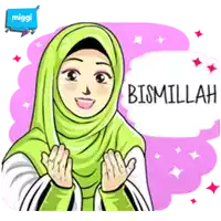 a cartoon of a woman wearing a green hijab with the word bismillah on the bottom right