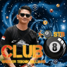 a man stands in front of a pool ball with the words club snoker teknik billiard on it