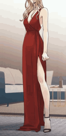 a woman in a red dress with a high slit