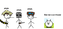 a drawing of four stick figures with the word pluh on the top