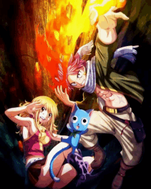 a group of anime characters with one holding a fire