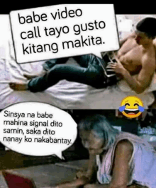 a man is laying on a bed with a sign that says babe video call tayo gusto kitang makita .