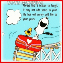 a cartoon of snoopy and woodstock on a roller coaster says good morning