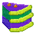 a pixel art of a purple , green , and yellow object with a yellow stripe on it .