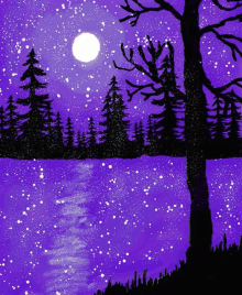 a painting of a lake at night with trees and a full moon in the background