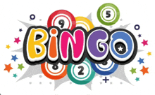 the word bingo is surrounded by colored balls and stars