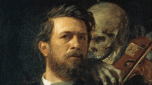 a painting of a man holding a violin and a skeleton behind him