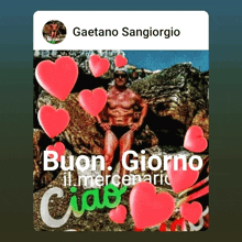 a picture of a man surrounded by pink hearts with the name gaetano sangiorgio