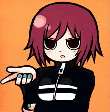 a cartoon girl with purple hair and a black jacket is pointing