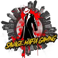 a logo for savage mafia gaming features a man in a suit and hat