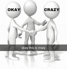 a group of three 3d people shaking hands with okay and crazy heads .