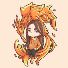 a cartoon drawing of a girl with a phoenix behind her head