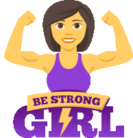 a cartoon illustration of a woman flexing her muscles with the words be strong girl below her