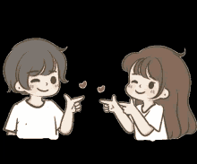 a boy and a girl are pointing at each other and making a heart with their hands .