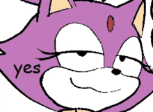 a drawing of a purple cat with the word yes on it