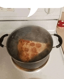 a slice of pepperoni pizza is boiling in a pot of water on a stove