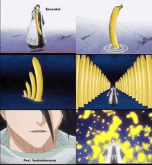 a collage of four pictures of a man holding a banana and a banana peel .