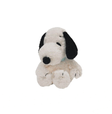 a stuffed snoopy is sitting on a white surface