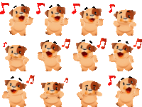 a pattern of pugs with different facial expressions and music notes around them