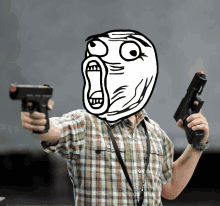 a man in a plaid shirt is holding two guns and has a rage face on his face