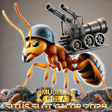 an advertisement for situs slot gacor shows an ant wearing a helmet and carrying a cannon on its back