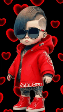 a boy wearing sunglasses and a red jacket is surrounded by red hearts by anita cruz