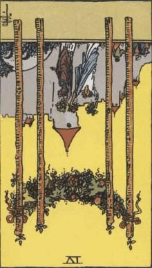 a tarot card with four wands and the letter a on the bottom