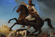 a painting of a man riding a horse with a sword