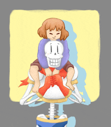 a drawing of a girl sitting on a skeleton 's back