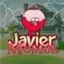 a cartoon character is standing in front of a house with the words javier ramon 's on it .