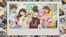 a group of anime characters are posing for a picture and one of them is wearing a shirt that says rap